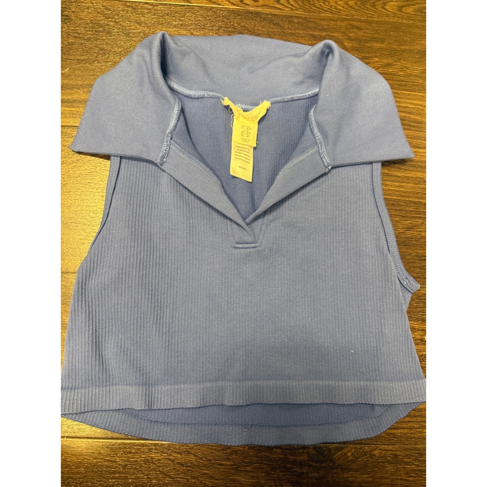 Happily Grey Blue Ribbed Sleeveless Polo Crop‎ Top - Size M/L